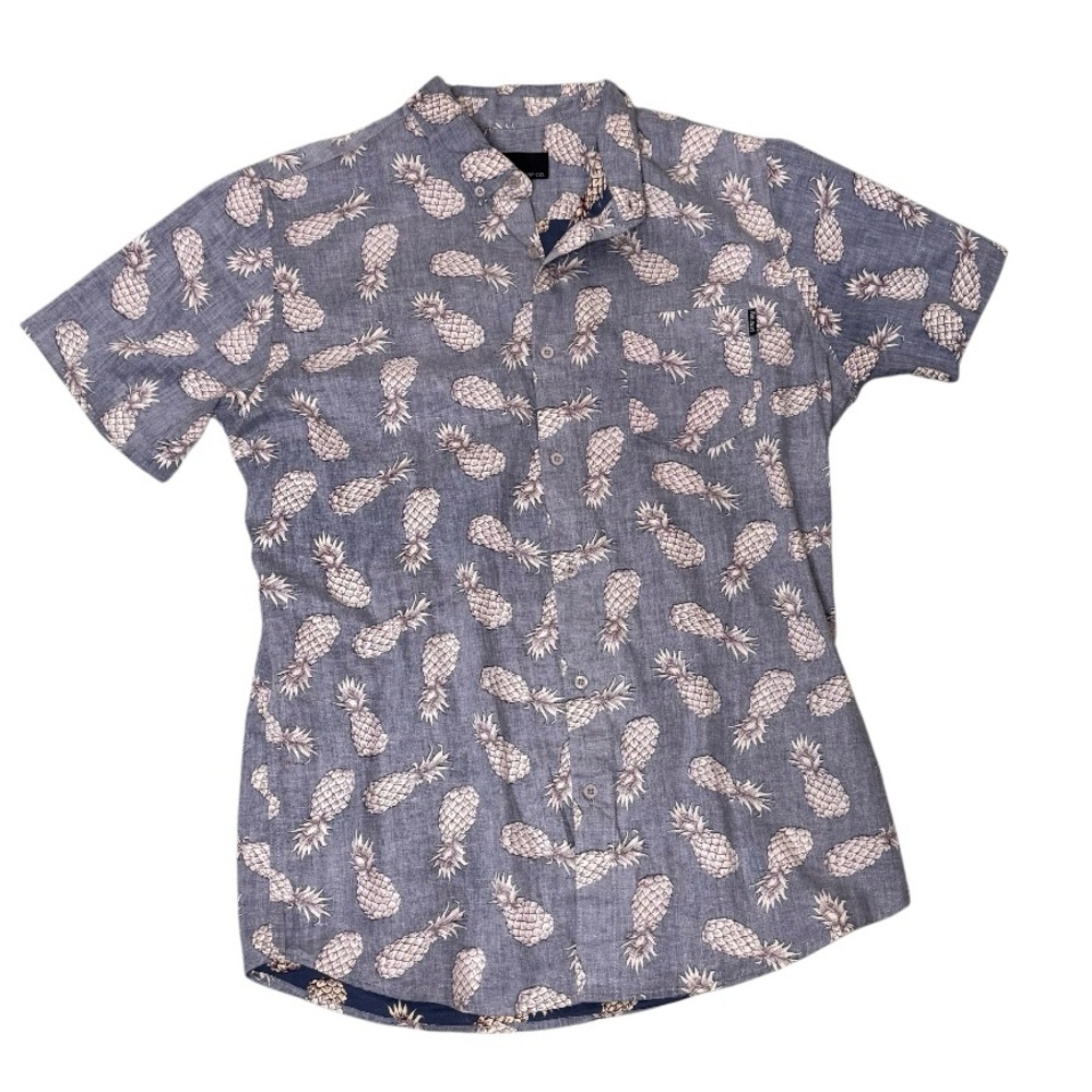 MOLOKAI SURF‎ CO Blue Pineapple Reverse Print Hawaiian Shirt Shirttail Hem Sz L